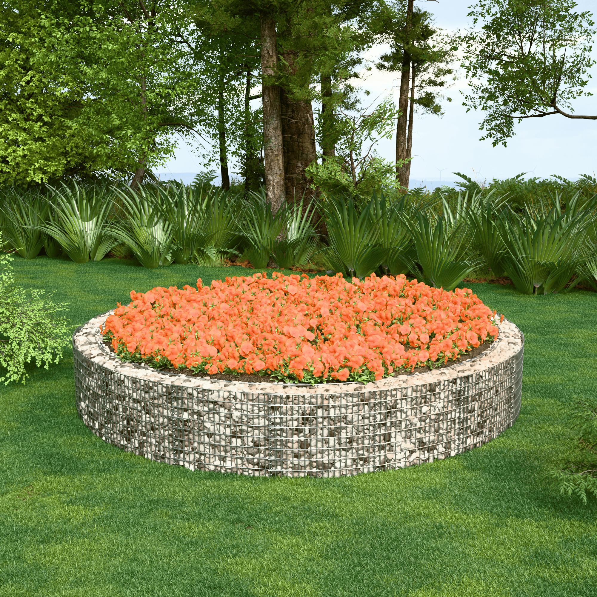 Canteiro elevado redondo, diâmetro externo 502 cm, altura 50 cm, tamanho da malha 5 x 10 cm, espessura da parede 15 cm
