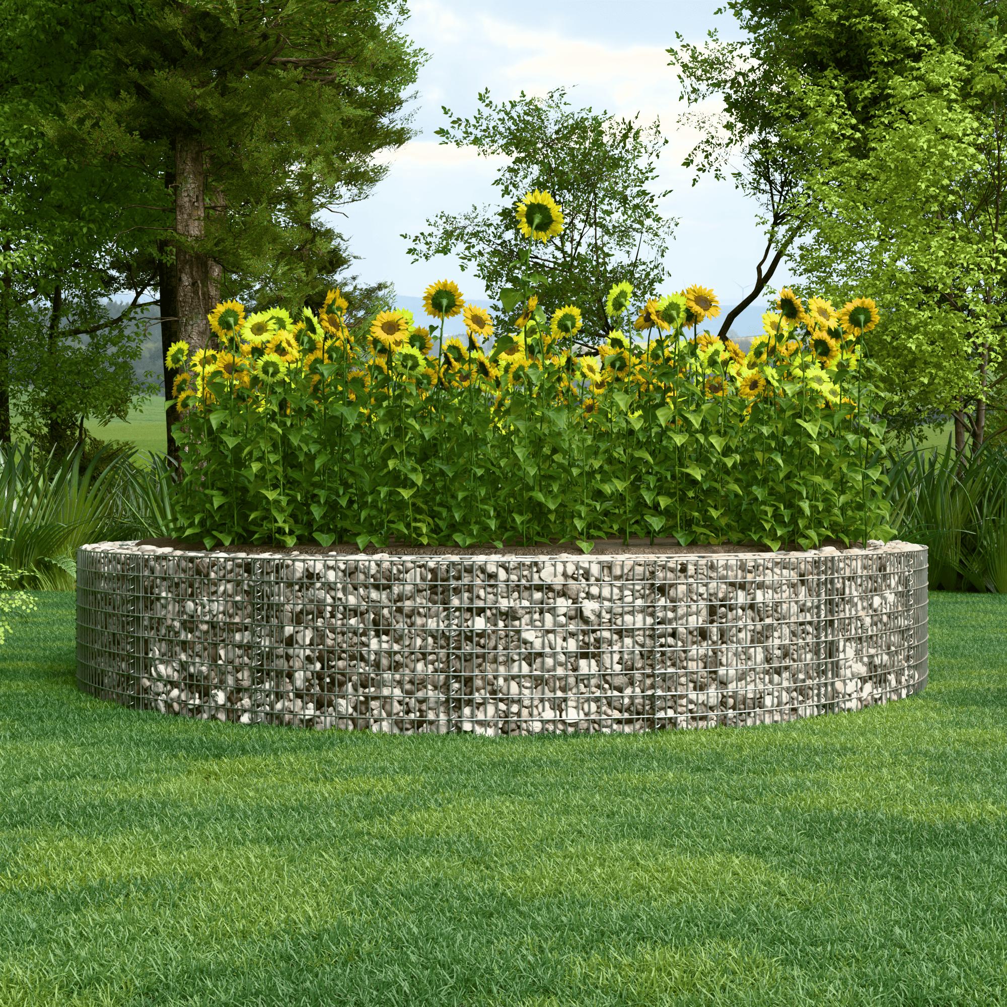Canteiro elevado redondo, diâmetro externo 502 cm, altura 50 cm, tamanho da malha 5 x 10 cm, espessura da parede 15 cm