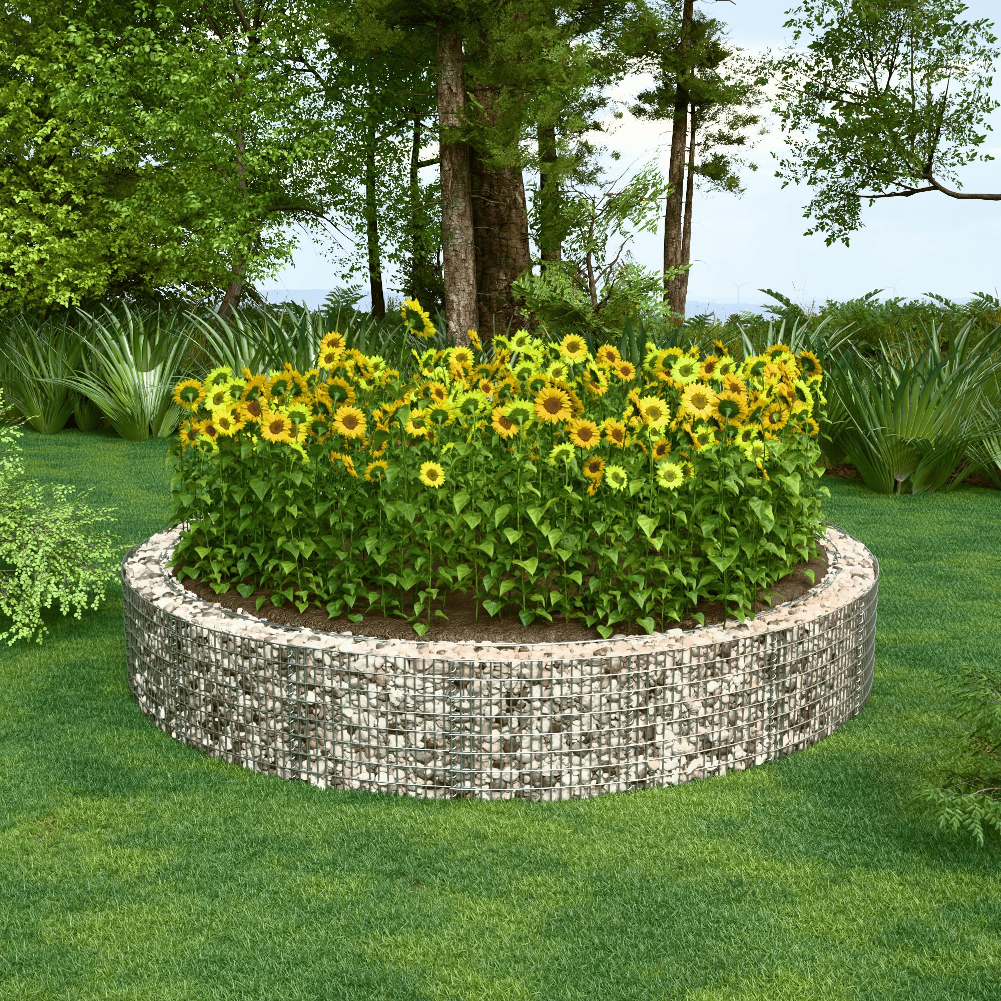 Canteiro elevado redondo, diâmetro externo 502 cm, altura 50 cm, tamanho da malha 5 x 10 cm, espessura da parede 15 cm