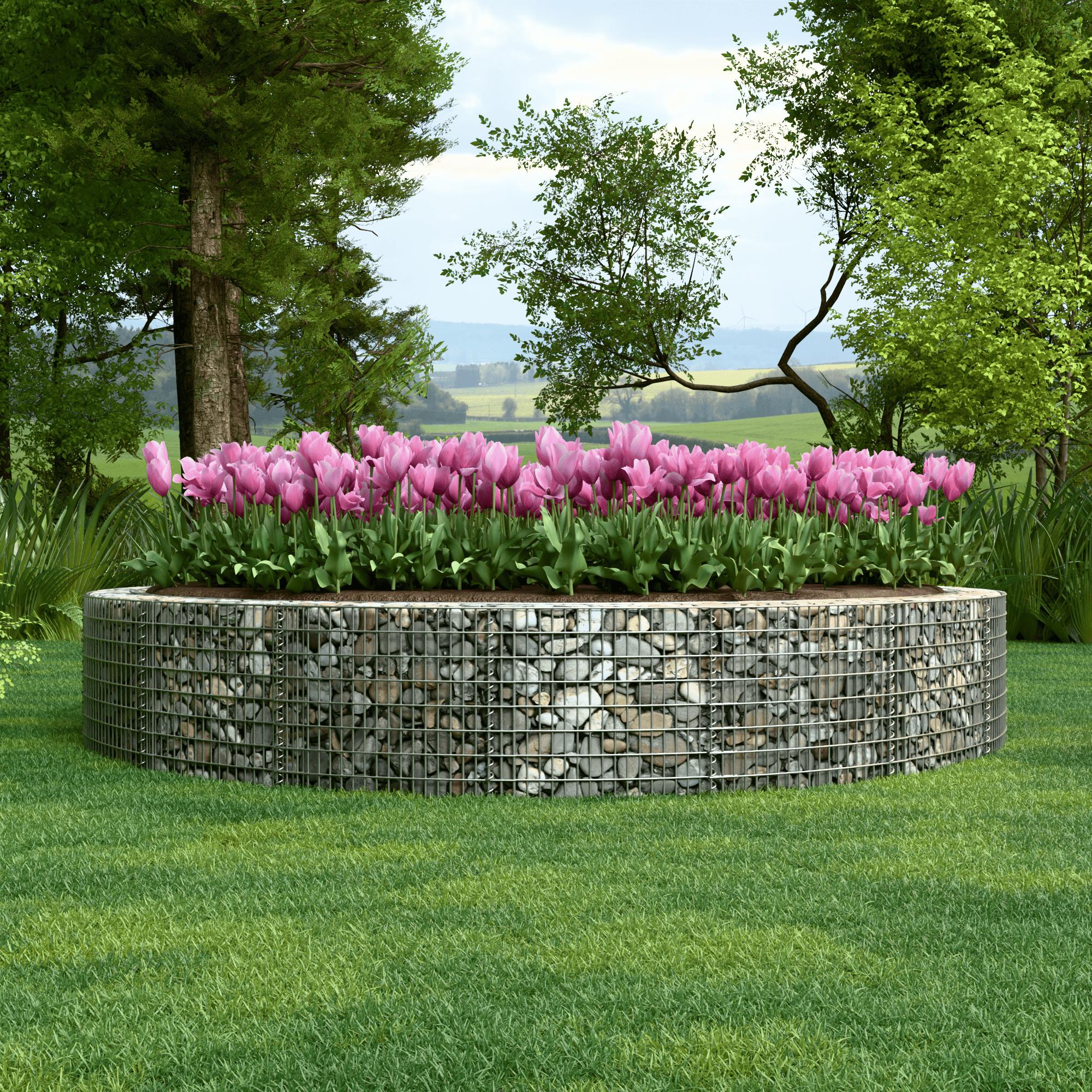 Canteiro elevado redondo, diâmetro externo 502 cm, altura 50 cm, tamanho da malha 5 x 10 cm, espessura da parede 15 cm