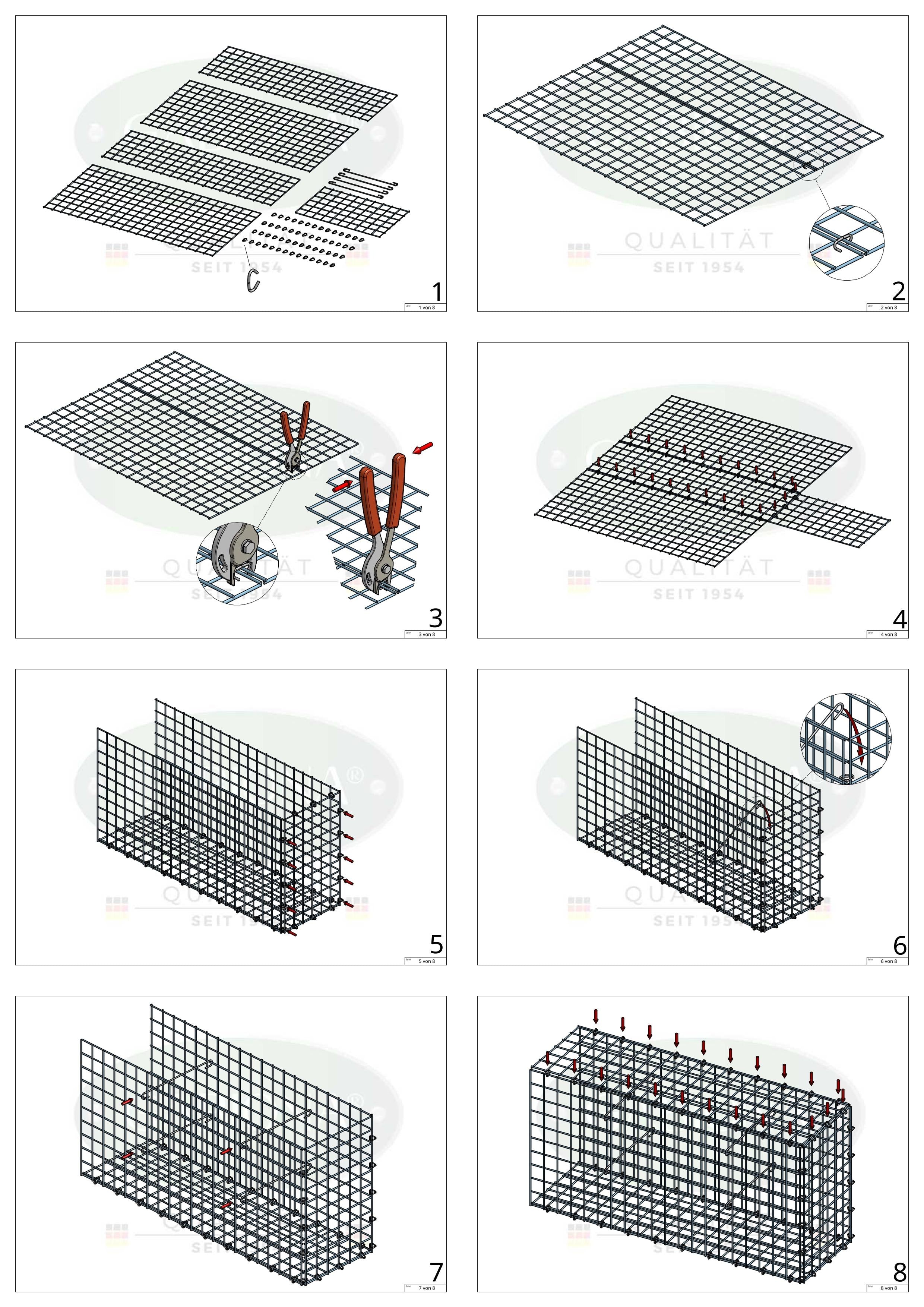 Monteret gabion type 2 100 cm x 90 cm x 30 cm (L x H x D), maskestørrelse 5 cm x 5 cm, C-ring