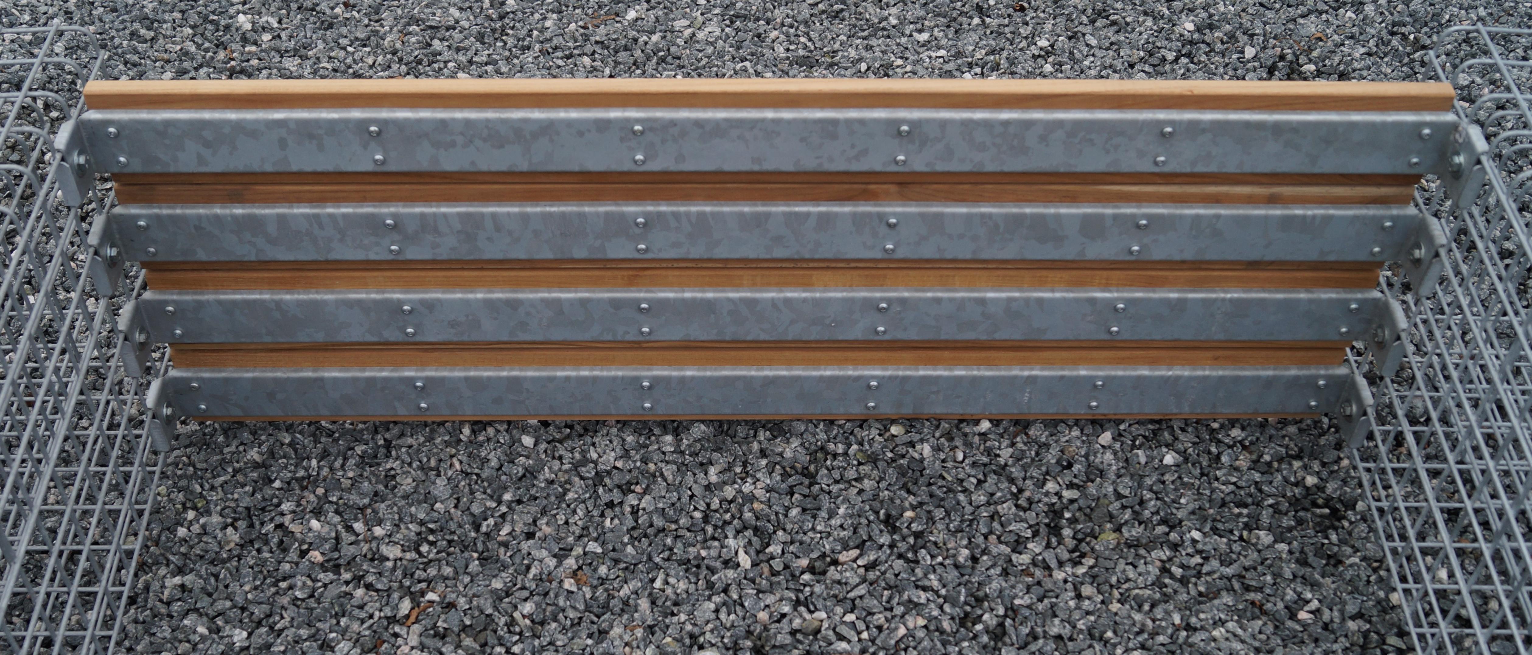 Banc de jardin avec 3 gabions - teck, 205 cm de longueur x 60 cm de hauteur x 37 cm de profondeur, électro-galvanisé, MW 5 x 5 cm