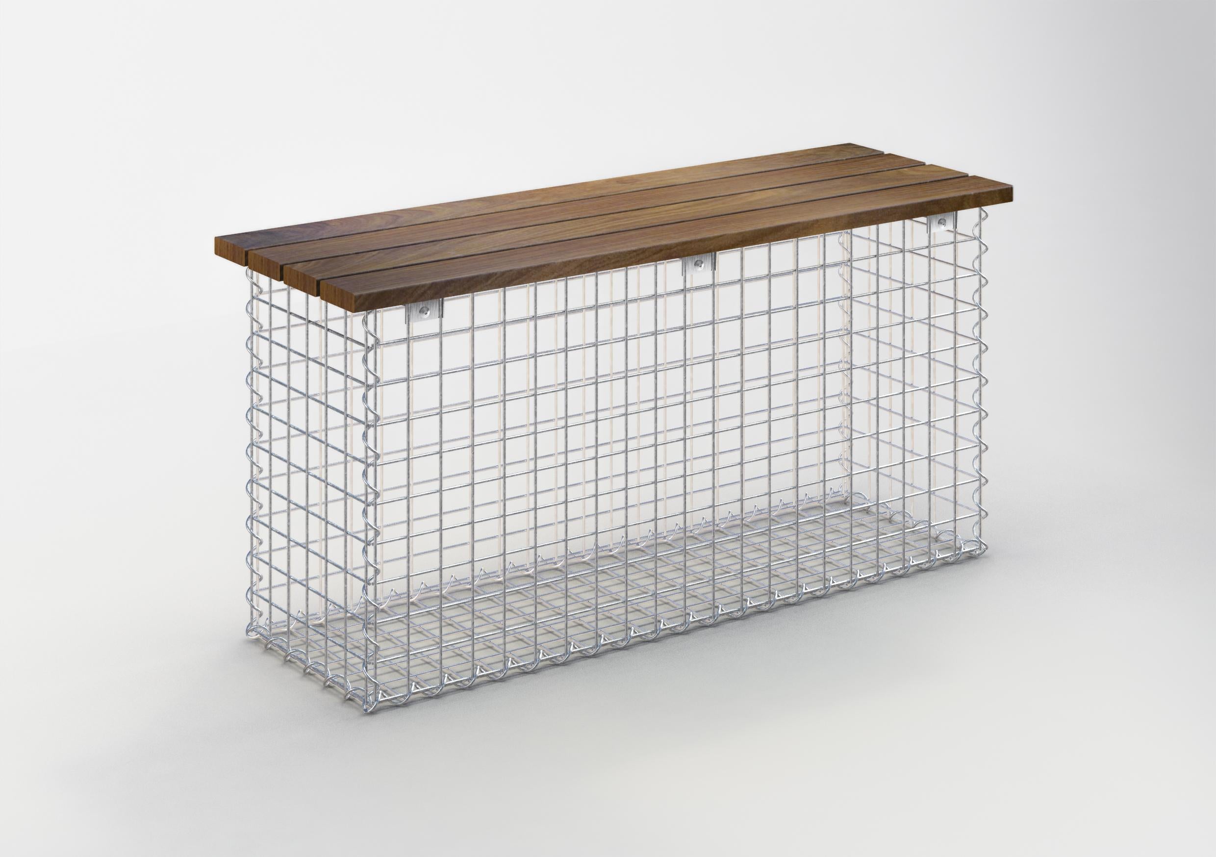 Banc en gabion avec bois de cumaru, 105 x 50 x 30 cm (L x H x P), électro-galvanisé, MW 5 x 5 cm, avec fermeture en spirale