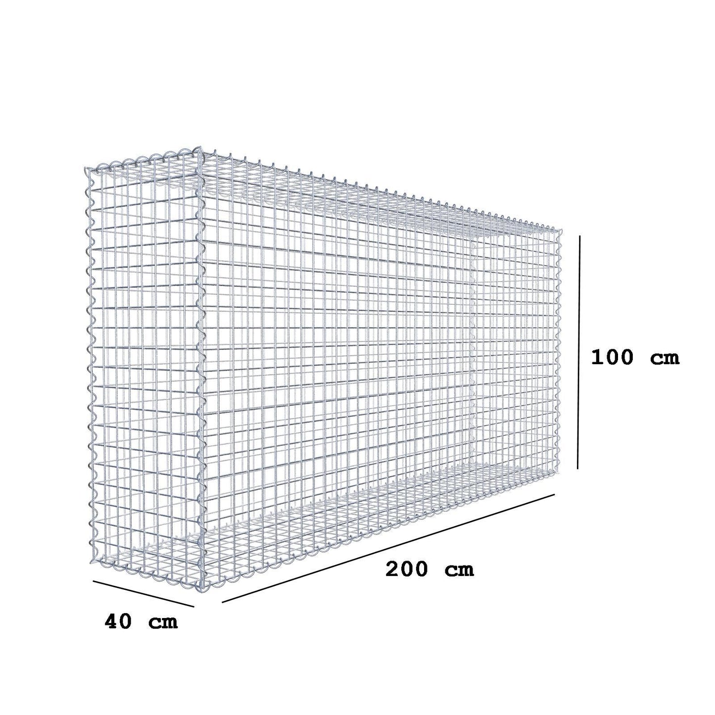 Gabion 200 cm x 100 cm x 40 cm (L x H x D), maskestørrelse 5 cm x 5 cm, spiral