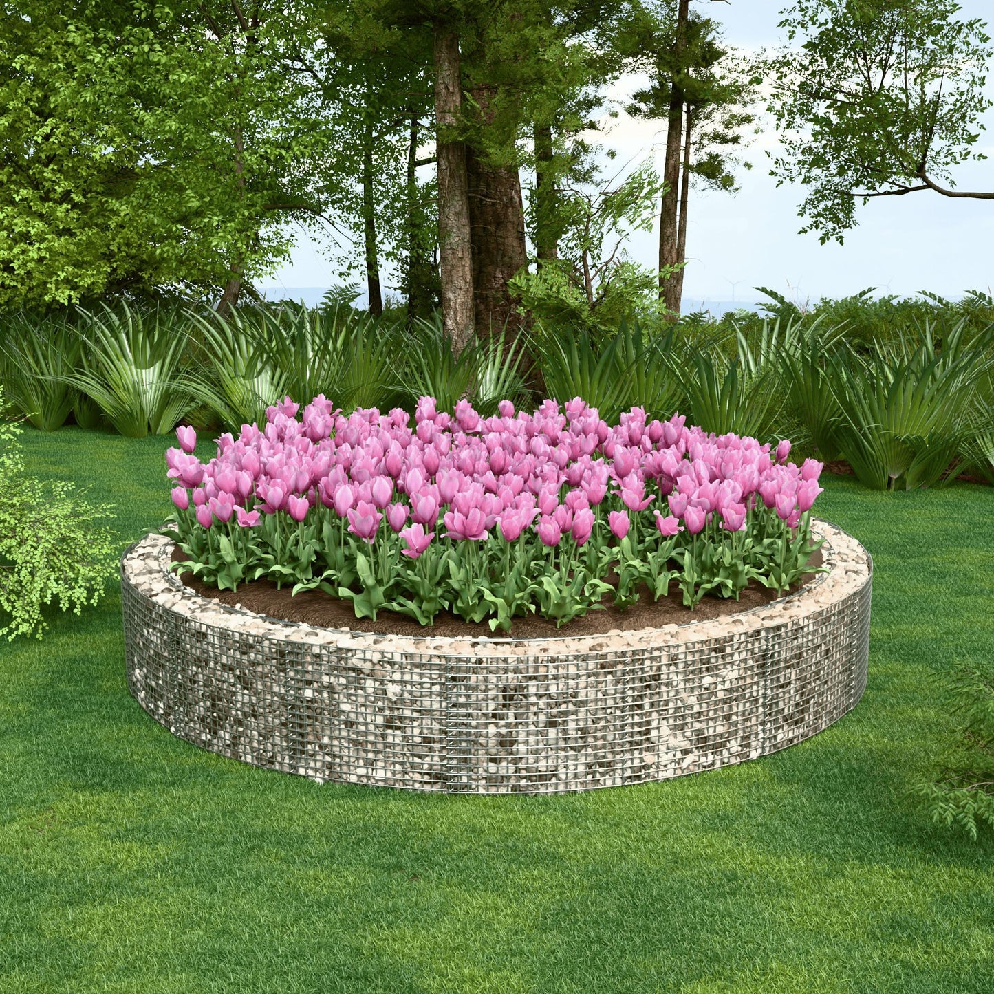 Canteiro elevado redondo, diâmetro externo 232 cm, altura 50 cm, tamanho da malha 5 x 5 cm, espessura da parede 15 cm