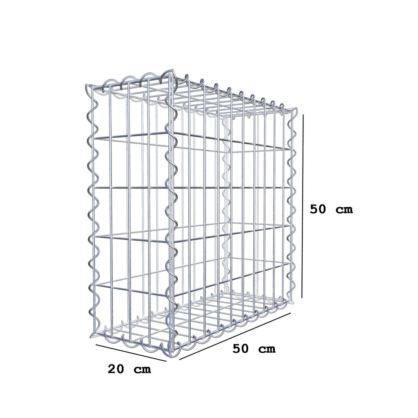 Gabião 50 cm x 50 cm x 20 cm (C x A x P), malhagem 5 cm x 10 cm, espiral