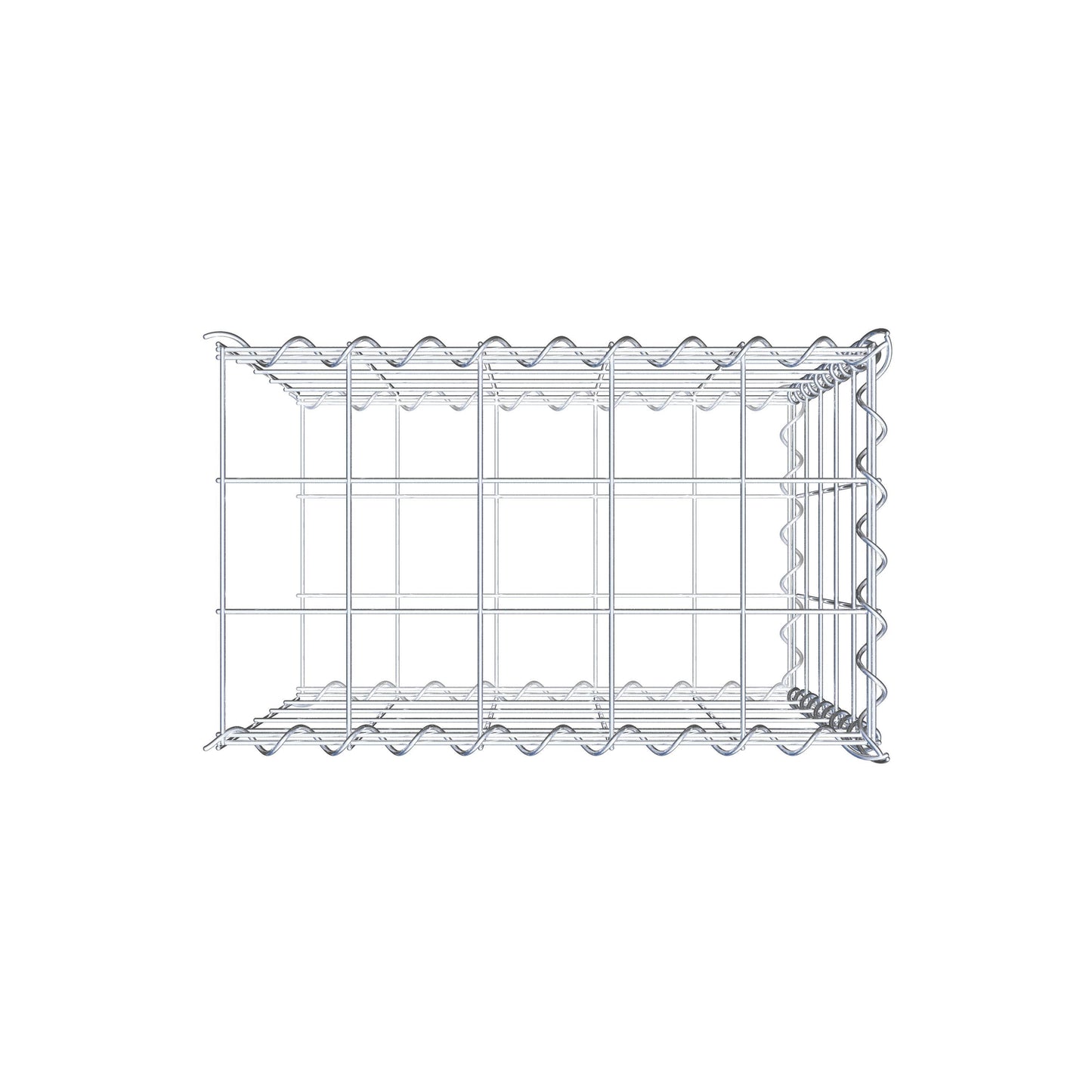 Opbouw schanskorf type 2 50 cm x 50 cm x 30 cm (L x H x D), maaswijdte 10 cm x 10 cm, spiraal