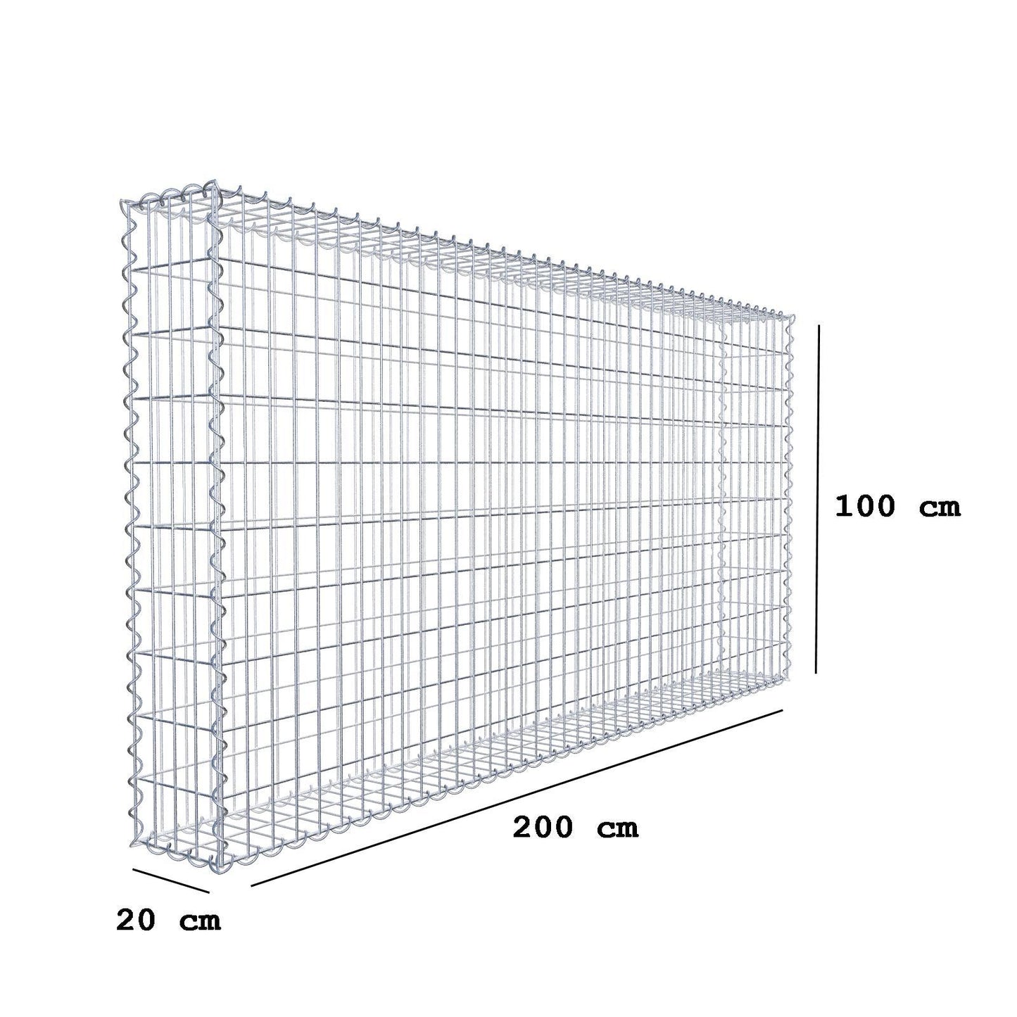 Gabião 200 cm x 100 cm x 20 cm (C x A x P), malhagem 5 cm x 10 cm, espiral
