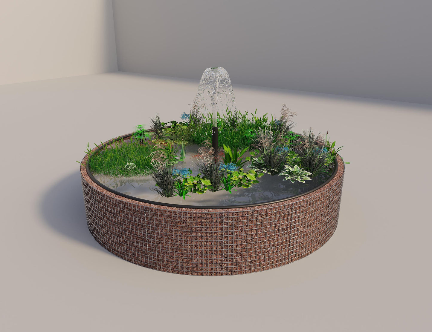 Estanque elevado de gaviones redondo, diámetro exterior 382 cm, altura 80 cm, luz de malla 5 x 5 cm, espesor de pared 15 cm