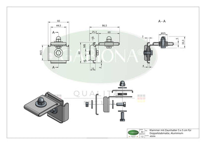 Klammer mit Zaunhalter 5 x 5 cm für Doppelstabmatte, Aluminium