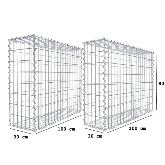 Set of 2 gabions 100 x 80 x 30 cm (L x H x D), mesh size 5 x 10 cm, spiral closure, wire thickness 4.5 mm