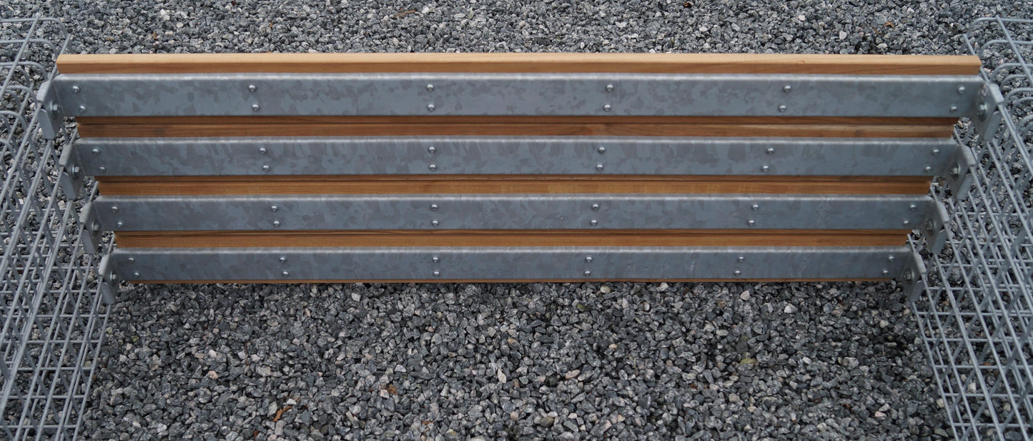 Panchina da giardino con 3 gabbioni - teak, 205 cm di lunghezza x 60 cm di altezza x 37 cm di profondità, zincata, MW 5 x 5 cm