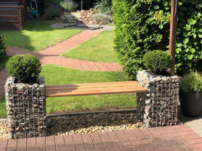 Panchina da giardino con 2 colonne di fiori - Legno Cumaru, 200 cm di lunghezza x 62 cm di altezza x 37 cm di profondità, zincato a caldo, MW 5 x 5 cm