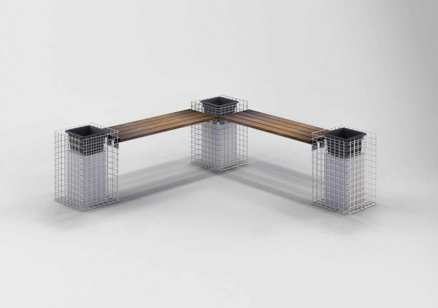 Banco de gabiões com 3 colunas de flores - madeira de Cumaru, 205 cm de comprimento x 60 cm de altura x 37 cm de profundidade, galvanizado a quente, MW 5 x 5 cm