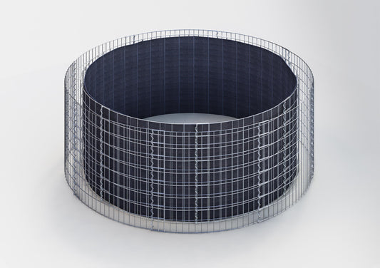 Letto rialzato rotondo, diametro esterno 232 cm, altezza 80 cm, maglia 5 x 10 cm, spessore delle pareti 15 cm.