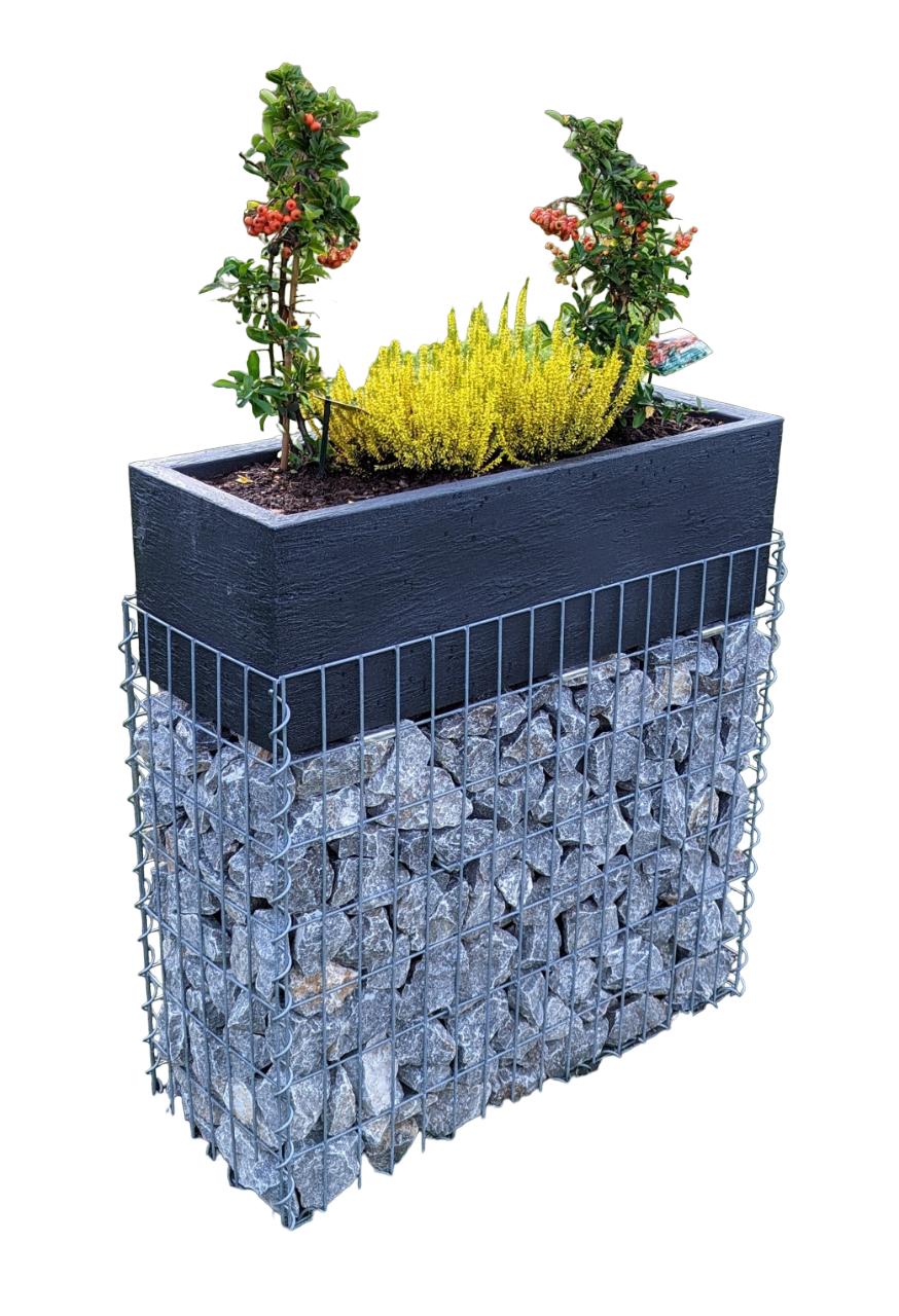 Gabion med blomsterskål 80 cm x 46 cm x 30 cm (L x H x D), maskestørrelse 5 cm x 10 cm, spiral