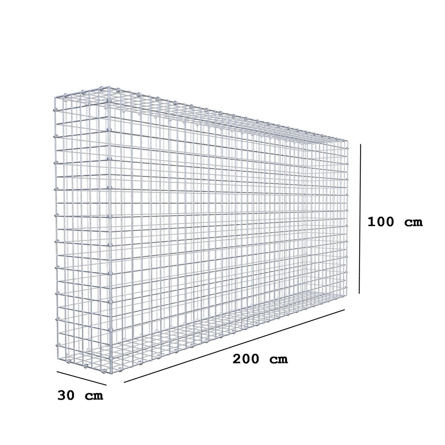 Gabion 200 cm x 100 cm x 30 cm (L x H x D), maskestørrelse 5 x 5 cm, spiralring