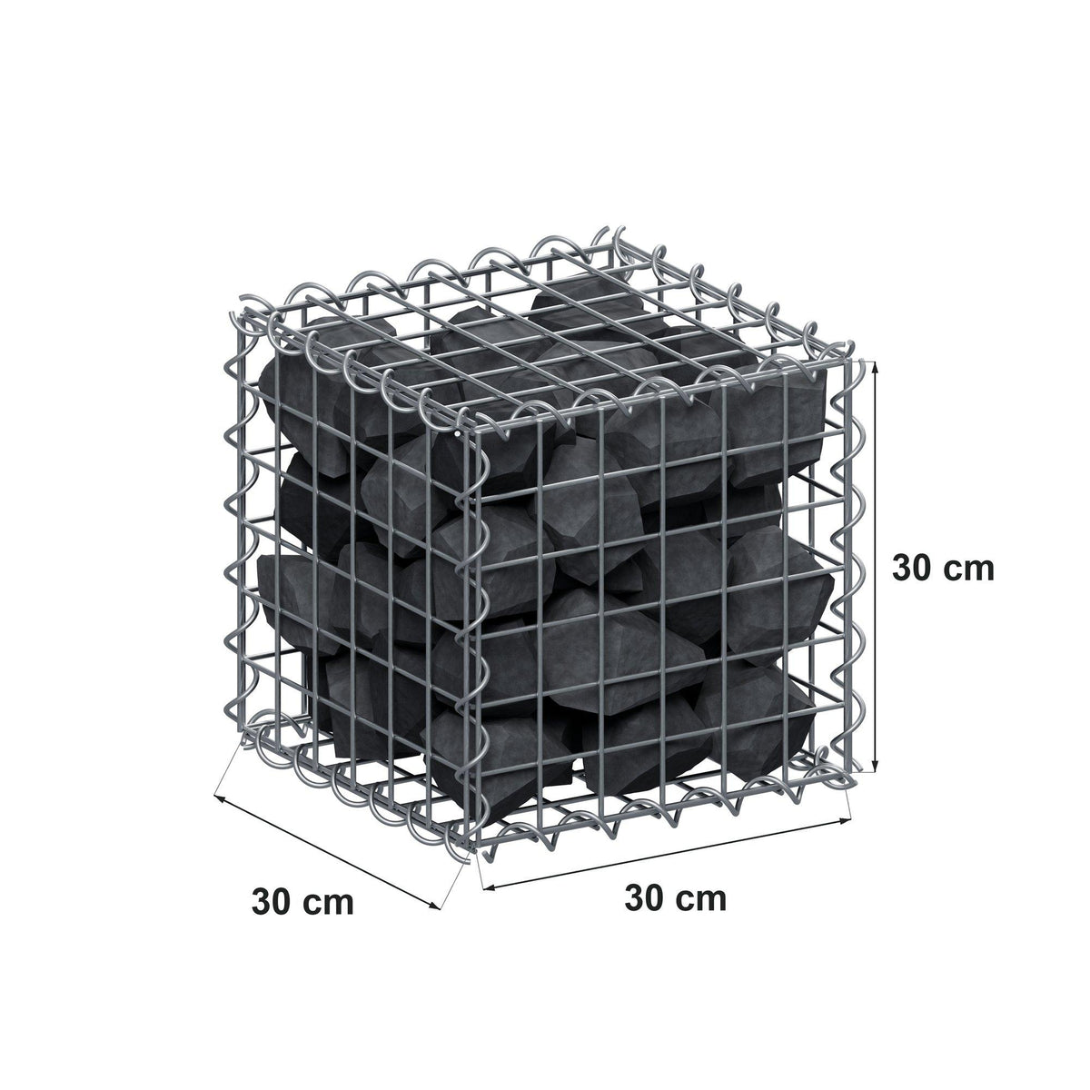 Gabião 30 cm x 30 cm x 30 cm (C x A x P), malhagem 5 cm x 5 cm, espiral