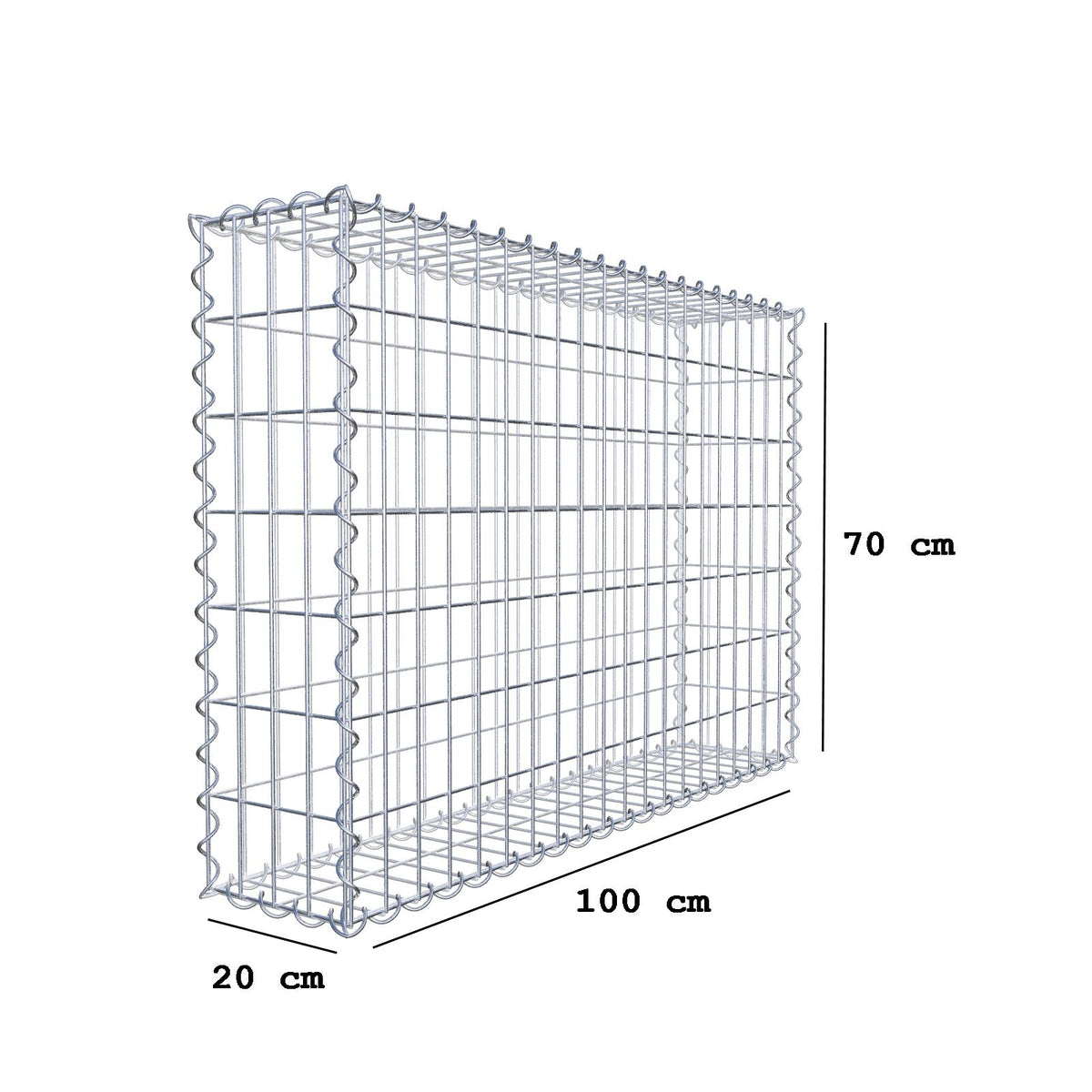 Gabião 100 cm x 70 cm x 20 cm (C x A x P), malhagem 5 cm x 10 cm, espiral