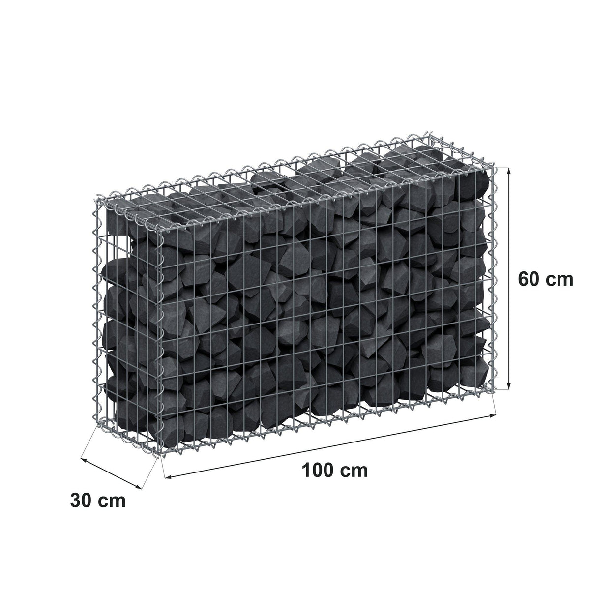 Gabião 100 cm x 60 cm x 30 cm (C x A x P), malhagem 5 cm x 10 cm, espiral