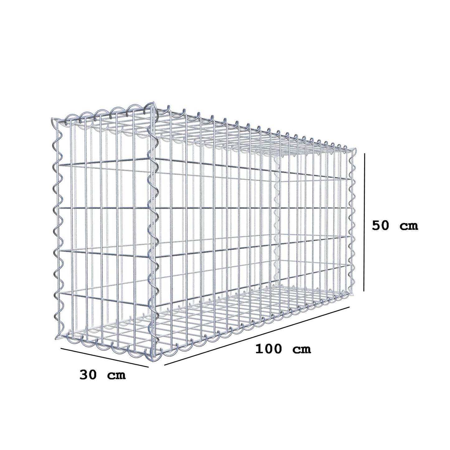 Gabião 100 cm x 50 cm x 30 cm (C x A x P), malhagem 5 cm x 10 cm, espiral