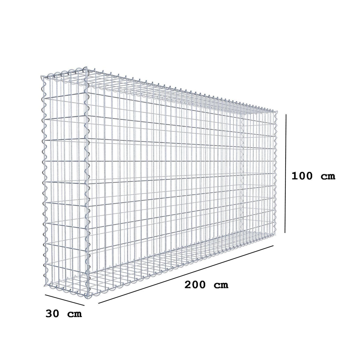 Gabião 200 cm x 100 cm x 30 cm (C x A x P), malhagem 5 cm x 10 cm, espiral