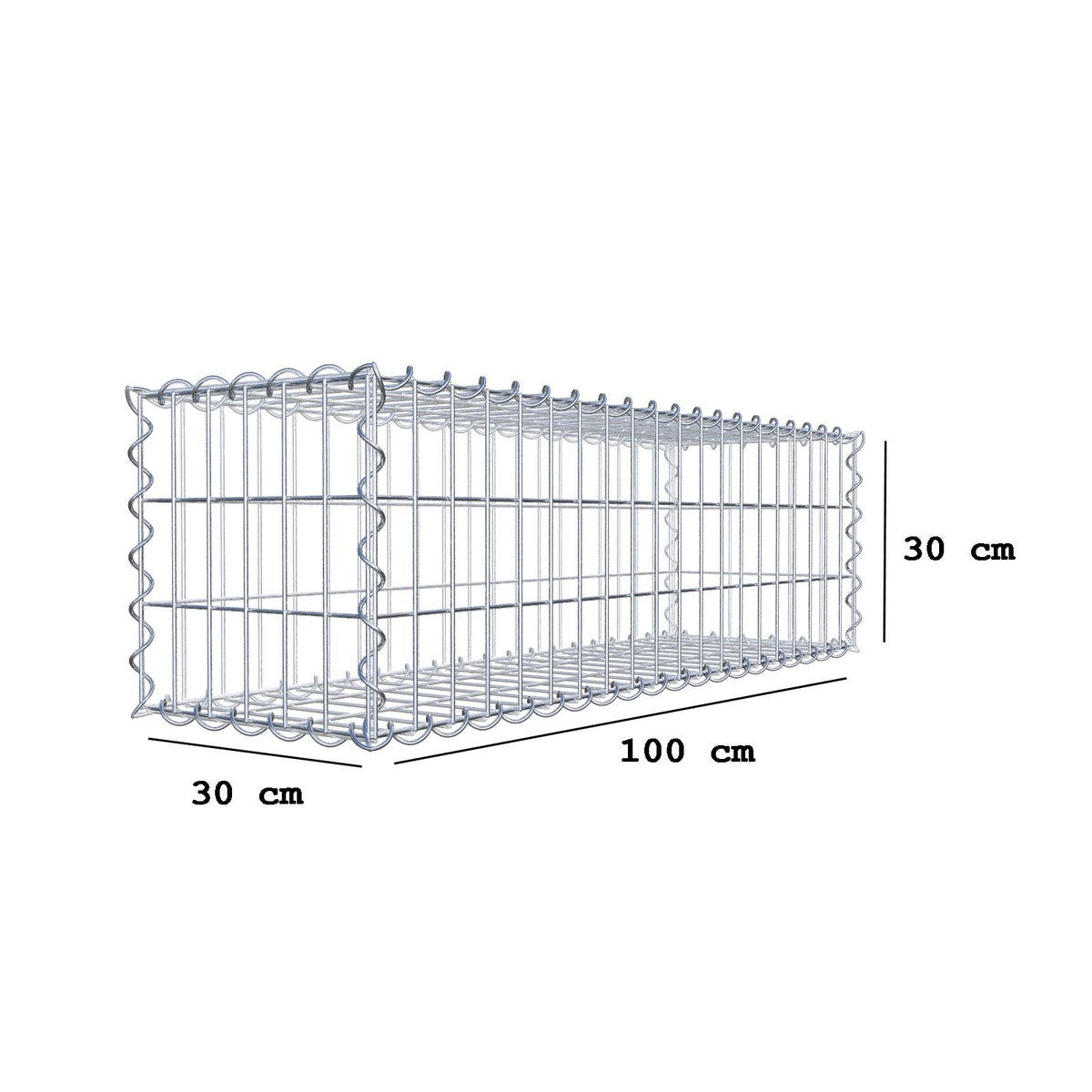 Gabião 100 cm x 30 cm x 30 cm (C x A x P), malhagem 5 cm x 10 cm, espiral