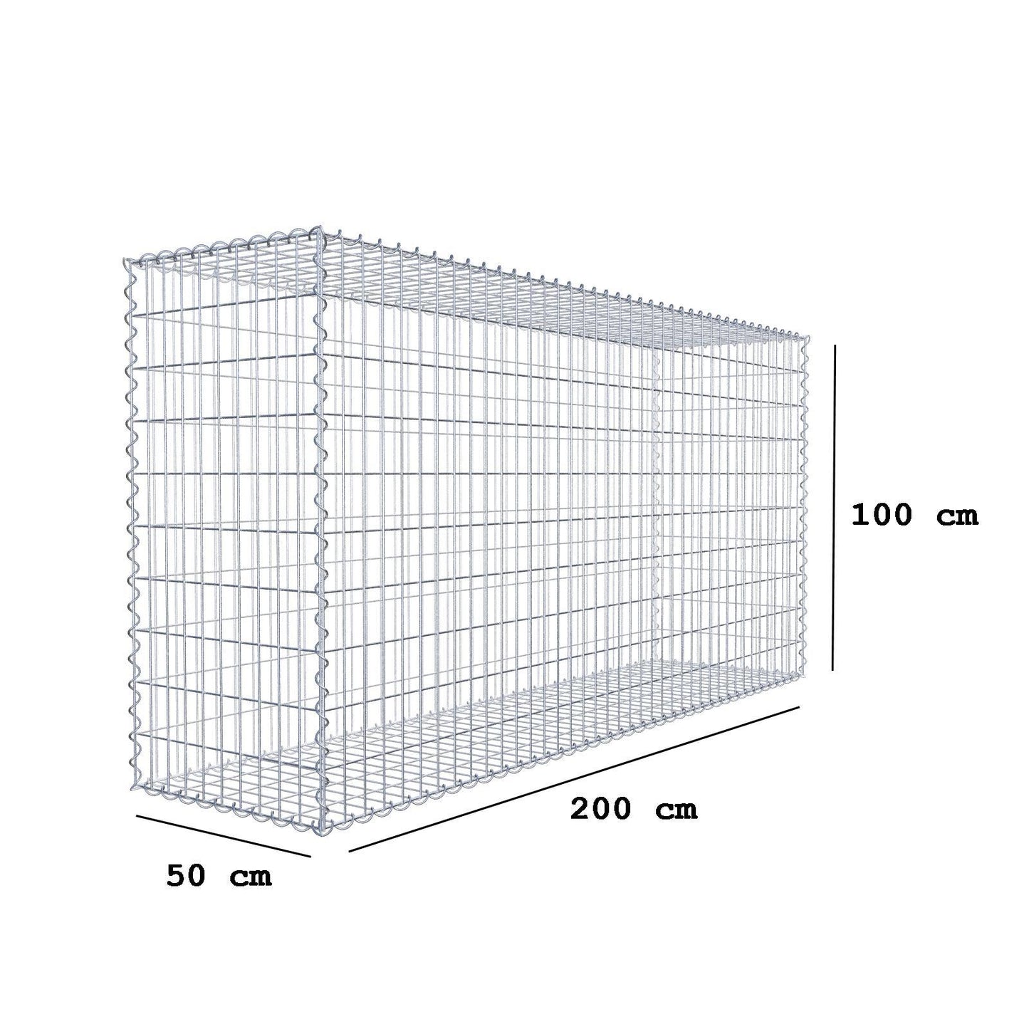Gabion 200 cm x 100 cm x 50 cm (L x H x D), maskestørrelse 5 cm x 10 cm, spiral