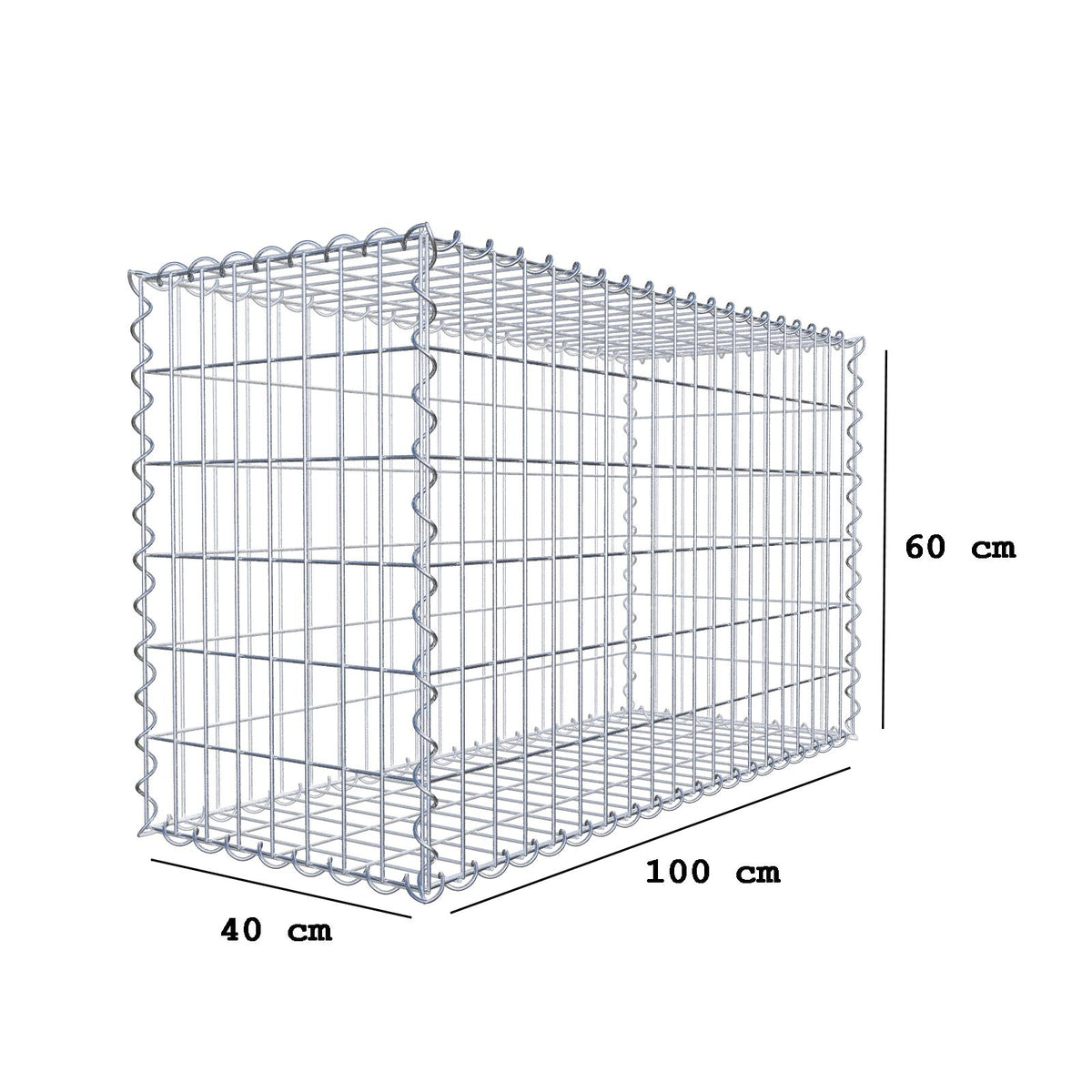 Gabião 100 cm x 60 cm x 40 cm (C x A x P), malhagem 5 cm x 10 cm, espiral