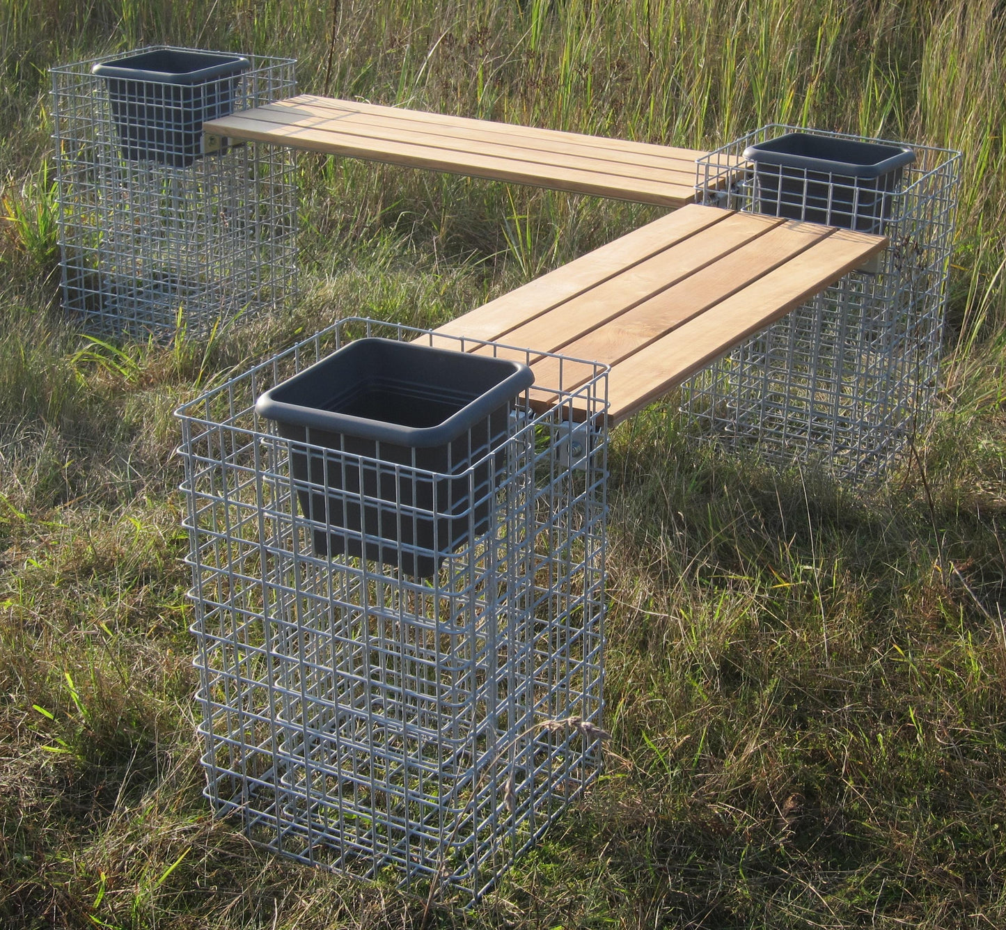 Banco de gabiões com 3 colunas de flores - teca, 205 cm de comprimento x 60 cm de altura x 37 cm de profundidade, galvanizado a quente, MW 5 x 5 cm