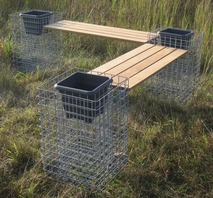 Banco de gabiões com 3 colunas de flores - teca, 205 cm de comprimento x 60 cm de altura x 37 cm de profundidade, galvanizado a quente, MW 5 x 5 cm