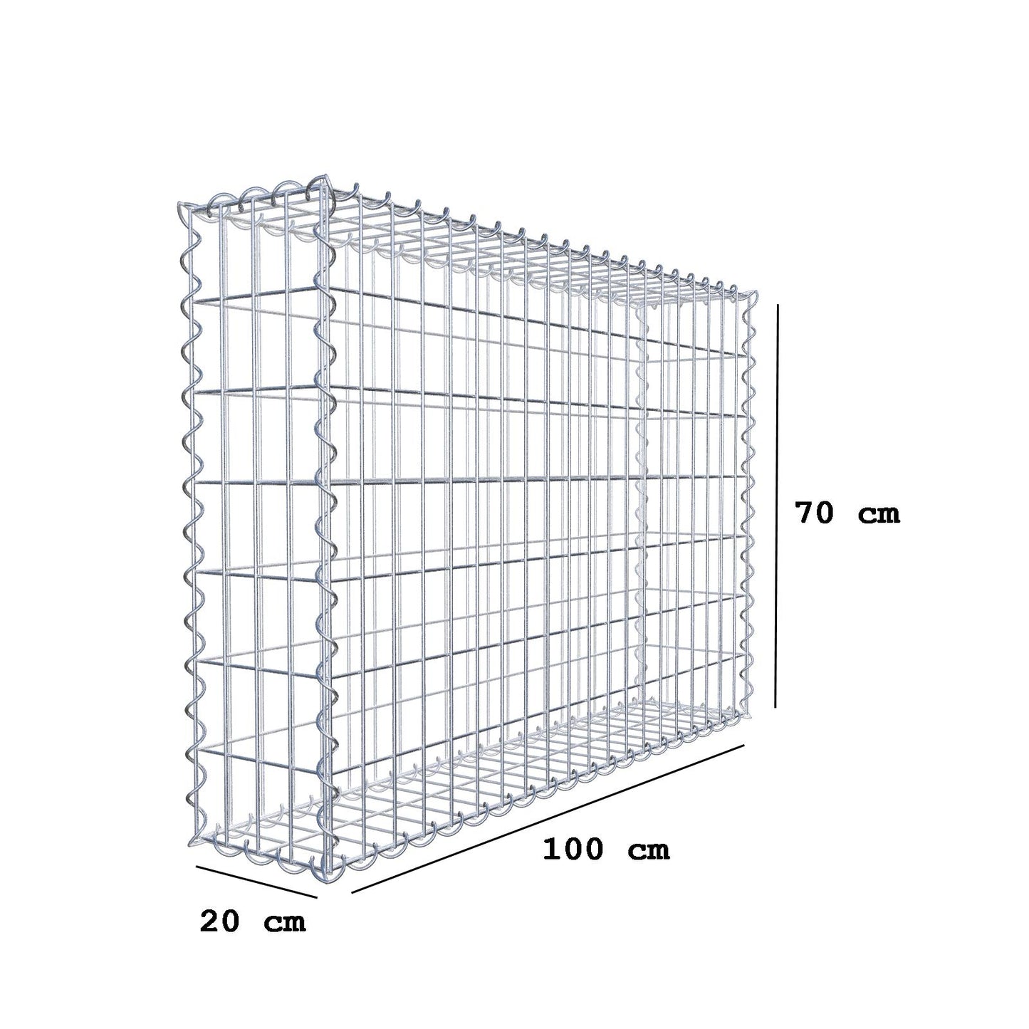 Gabião 100 cm x 70 cm x 20 cm (C x A x P), malhagem 5 cm x 10 cm, espiral