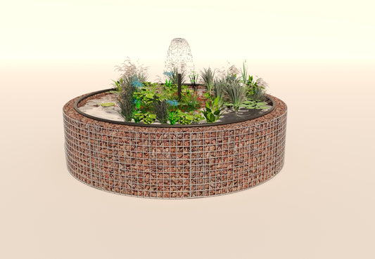 Laghetto rialzato in gabbioni, rotondo, diametro esterno 202 cm, altezza 50 cm, maglia 5 x 5 cm, spessore parete 15 cm