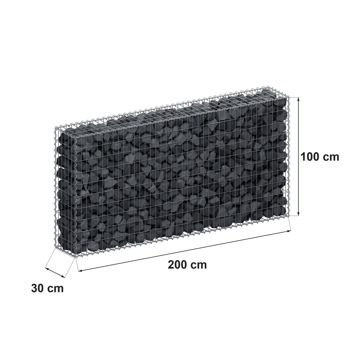 Gabião 200 cm x 100 cm x 30 cm (C x A x P), malhagem 5 cm x 10 cm, espiral