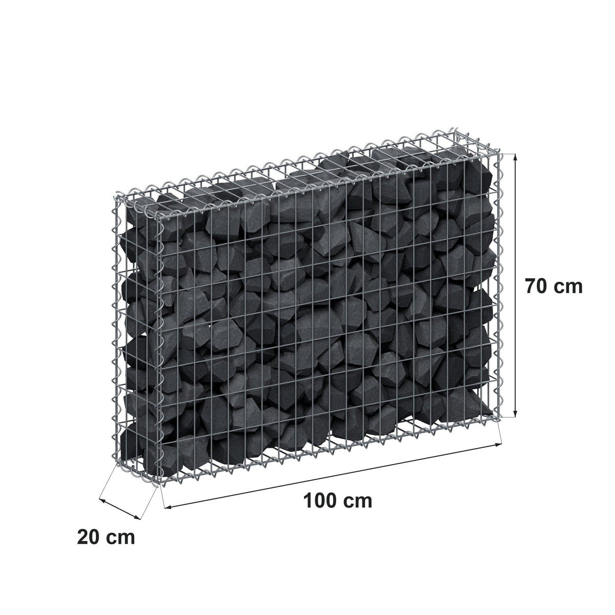 Gabião 100 cm x 70 cm x 20 cm (C x A x P), malhagem 5 cm x 10 cm, espiral