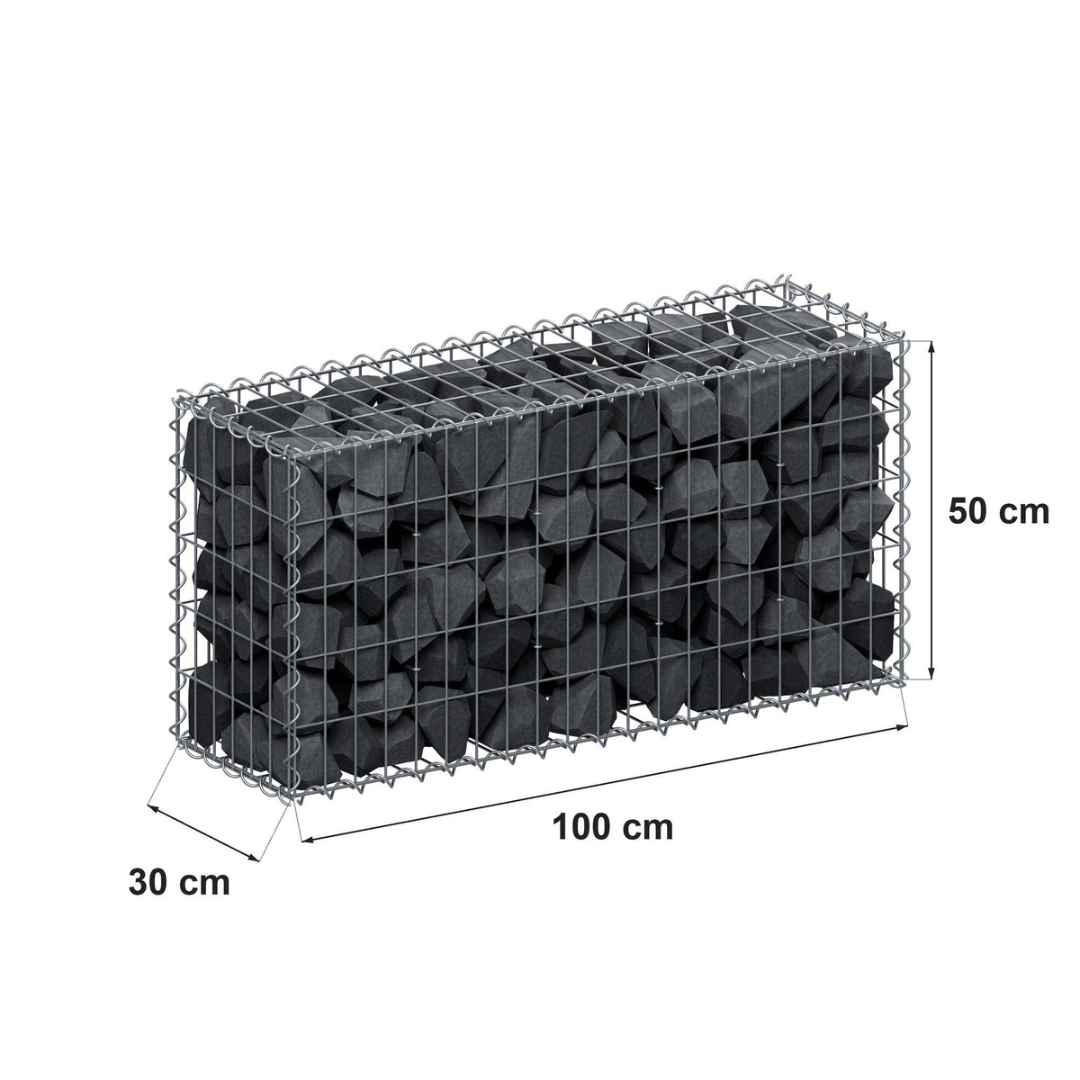 Gabião 100 cm x 50 cm x 30 cm (C x A x P), malhagem 5 cm x 10 cm, espiral