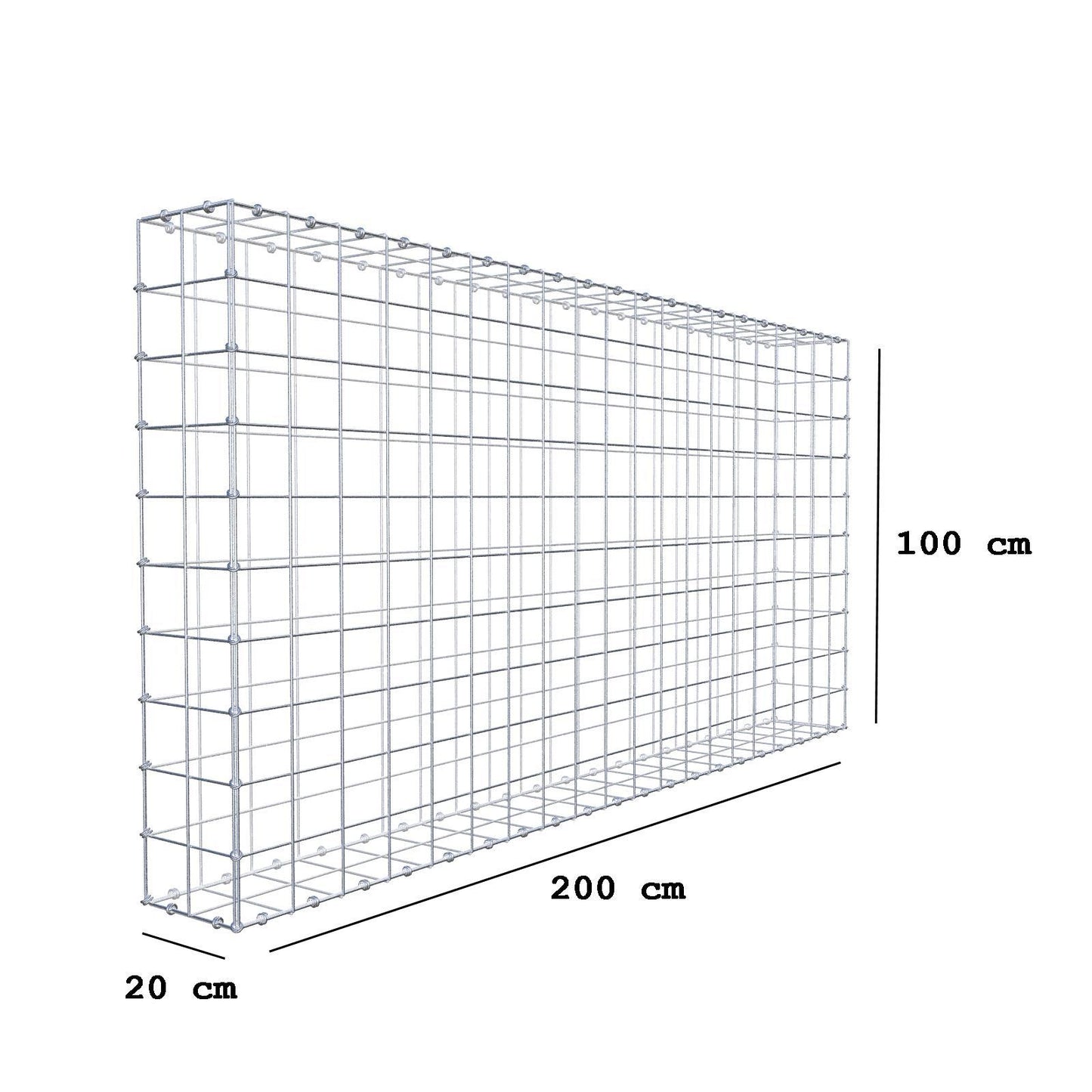 Gabion 200 cm x 100 cm x 20 cm (L x H x D), maskestørrelse 10 x 10 cm, spiralring