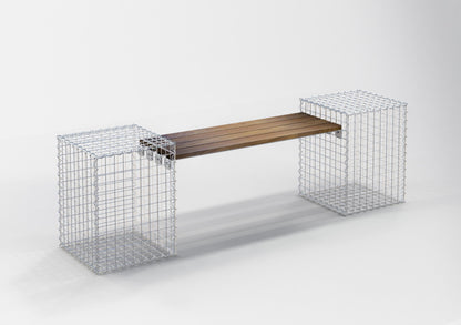 Panchina da giardino con 2 gabbioni - legno Cumaru, 200 cm di lunghezza x 60 cm di altezza x 37 cm di profondità, zincato, MW 5 x 5 cm