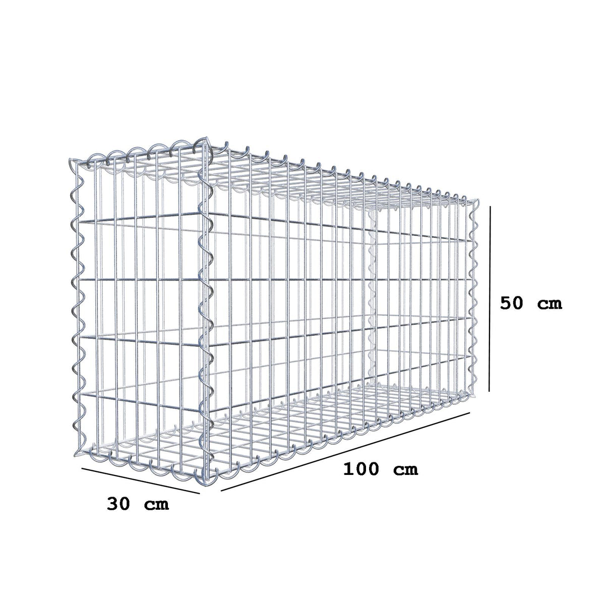 Gabião 100 cm x 50 cm x 30 cm (C x A x P), malhagem 5 cm x 10 cm, espiral
