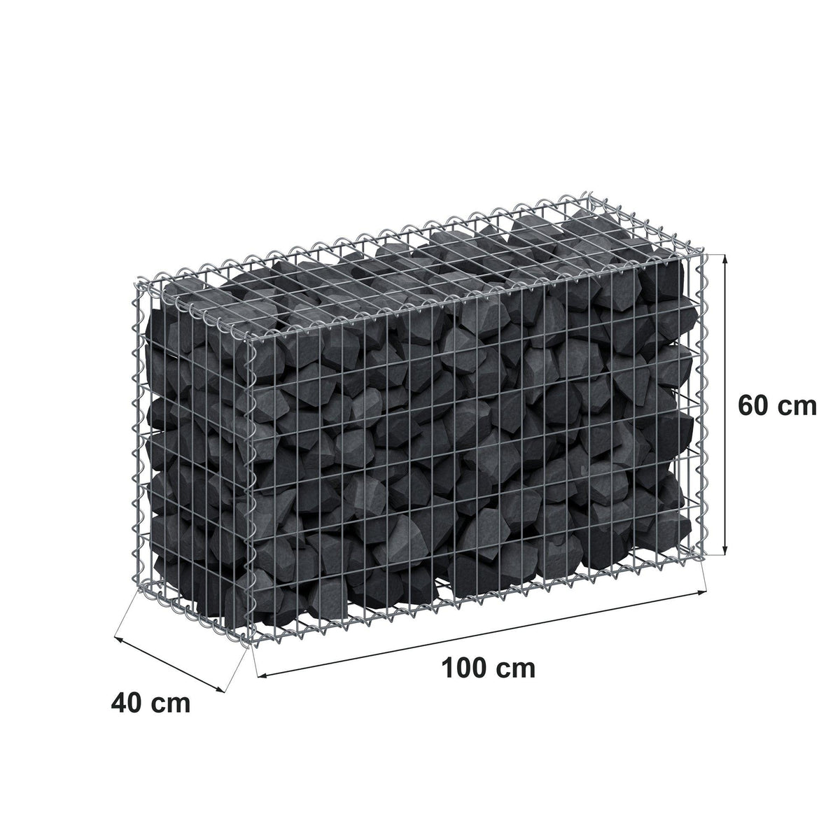 Gabião 100 cm x 60 cm x 40 cm (C x A x P), malhagem 5 cm x 10 cm, espiral