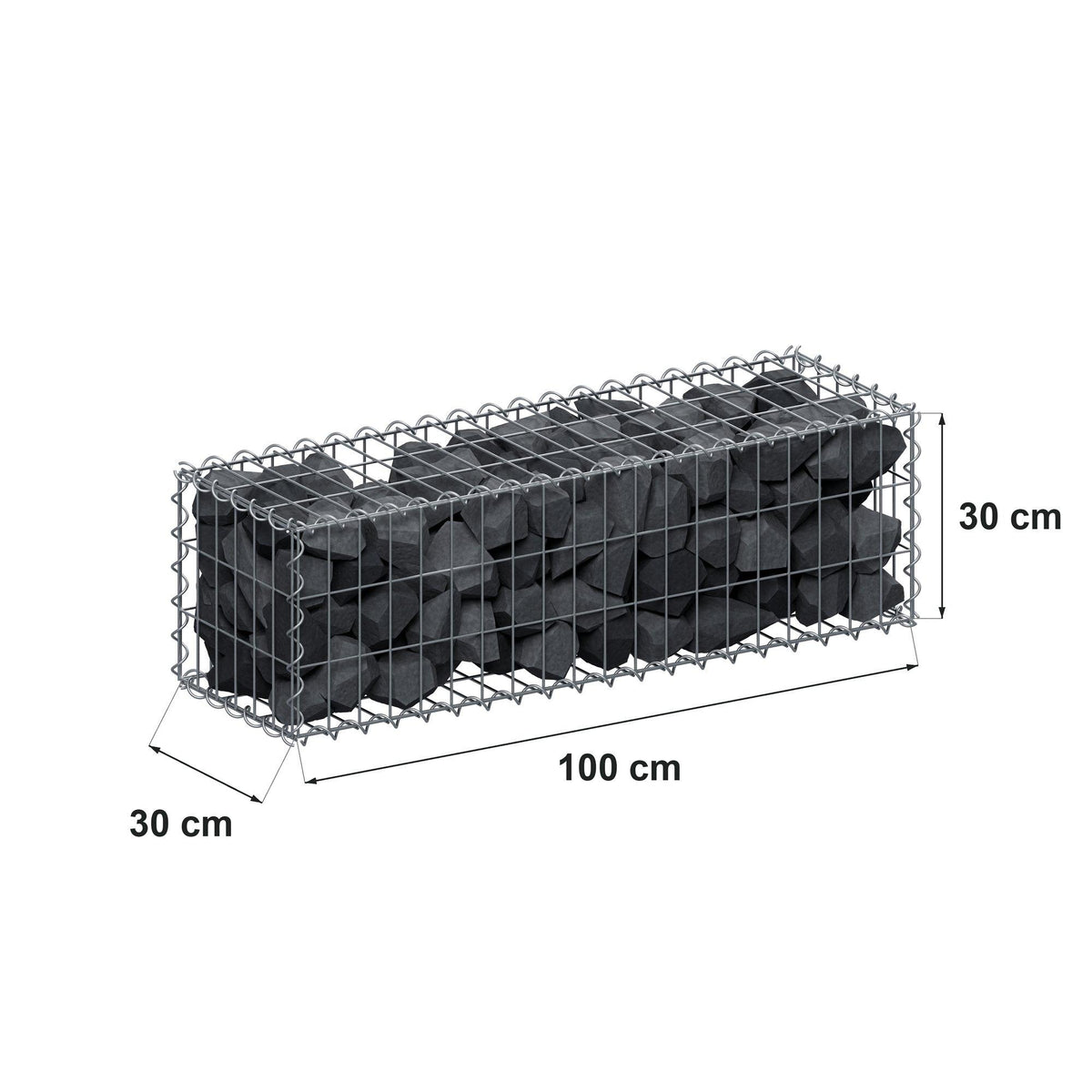 Gabião 100 cm x 30 cm x 30 cm (C x A x P), malhagem 5 cm x 10 cm, espiral